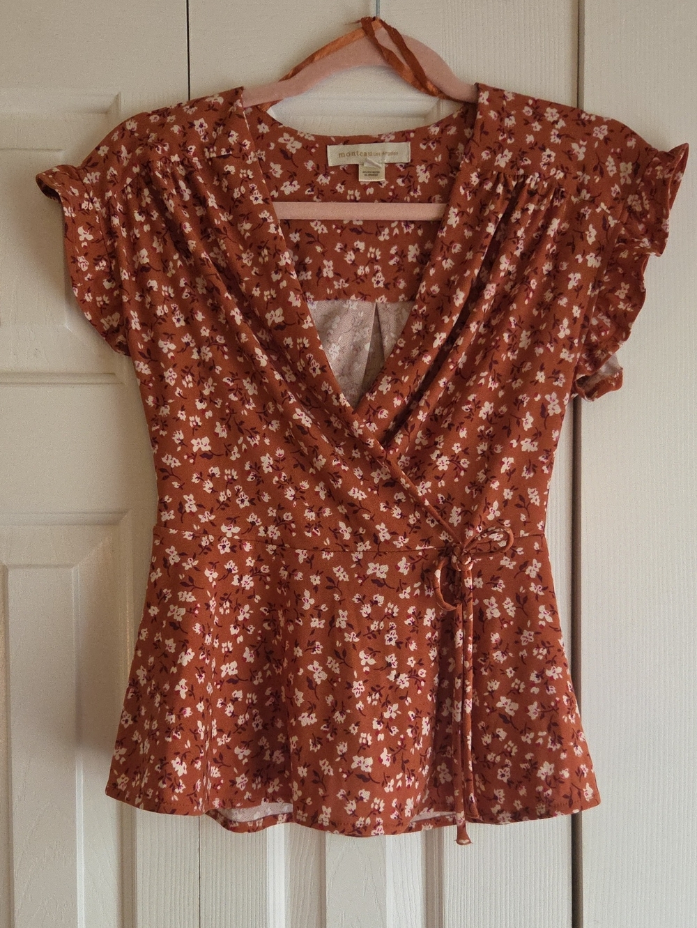 Monteau Rust Floral Wrap Blouse